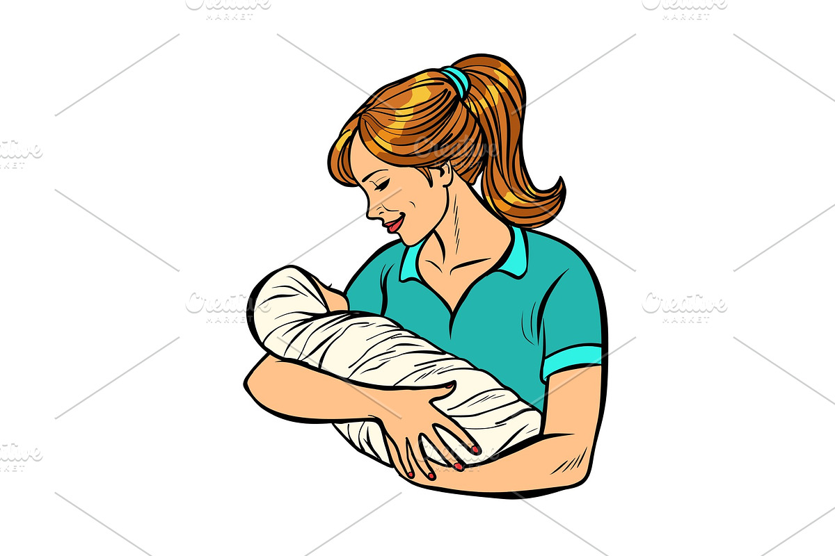 mother with newborn, woman and child in Illustrations - product preview 8
