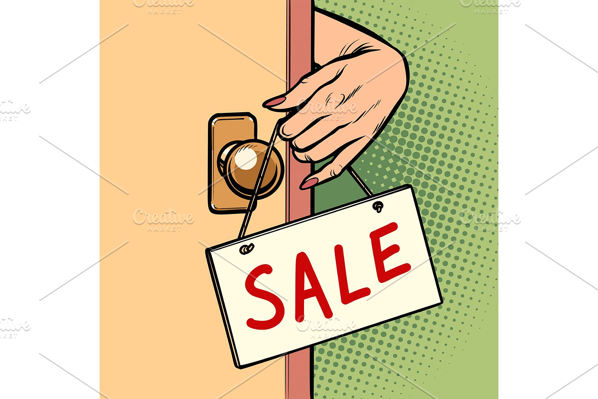 sale woman hand hangs a sign on the in Illustrations - product preview 8