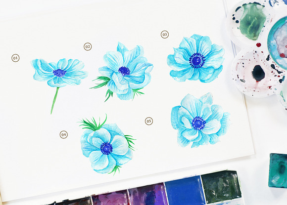 Anemone Blue Flower Watercolor in Objects - product preview 1