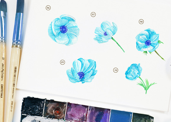 Anemone Blue Flower Watercolor in Objects - product preview 2
