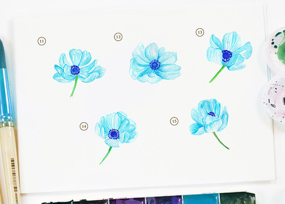 Anemone Blue Flower Watercolor in Objects - product preview 3