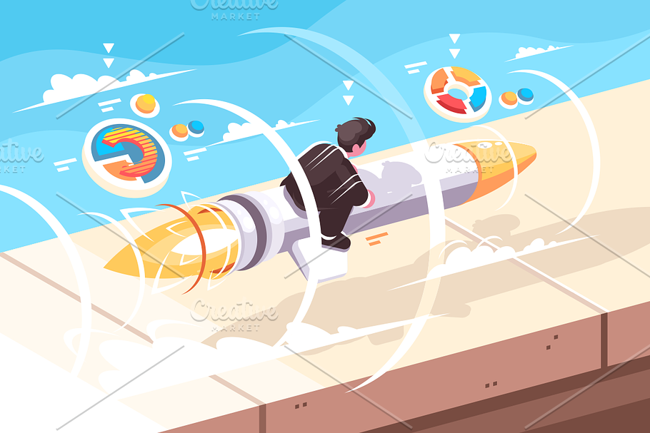 Businessman flying on rocket in Illustrations - product preview 8