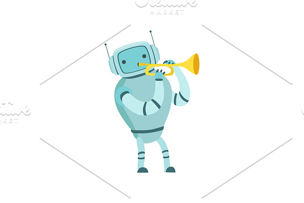 Cute Robot Musician Playing Trumpet