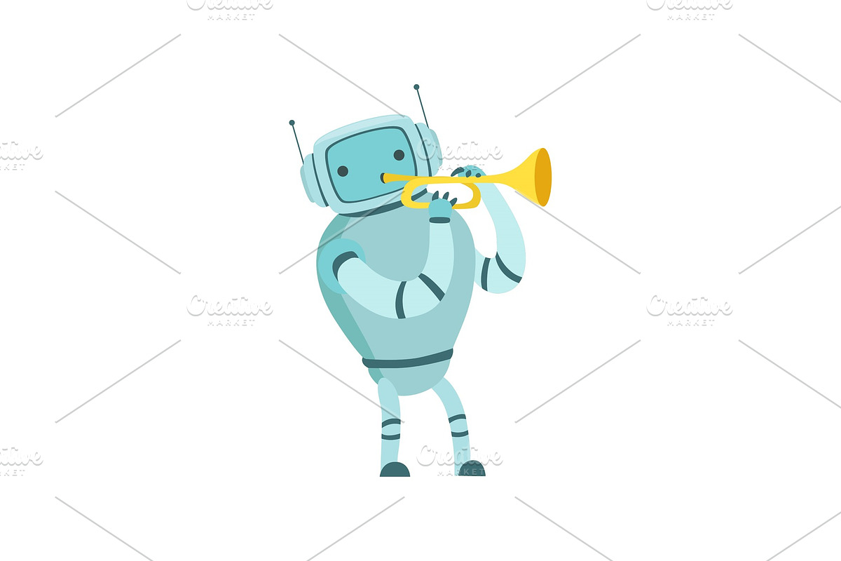 Cute Robot Musician Playing Trumpet in Illustrations - product preview 8