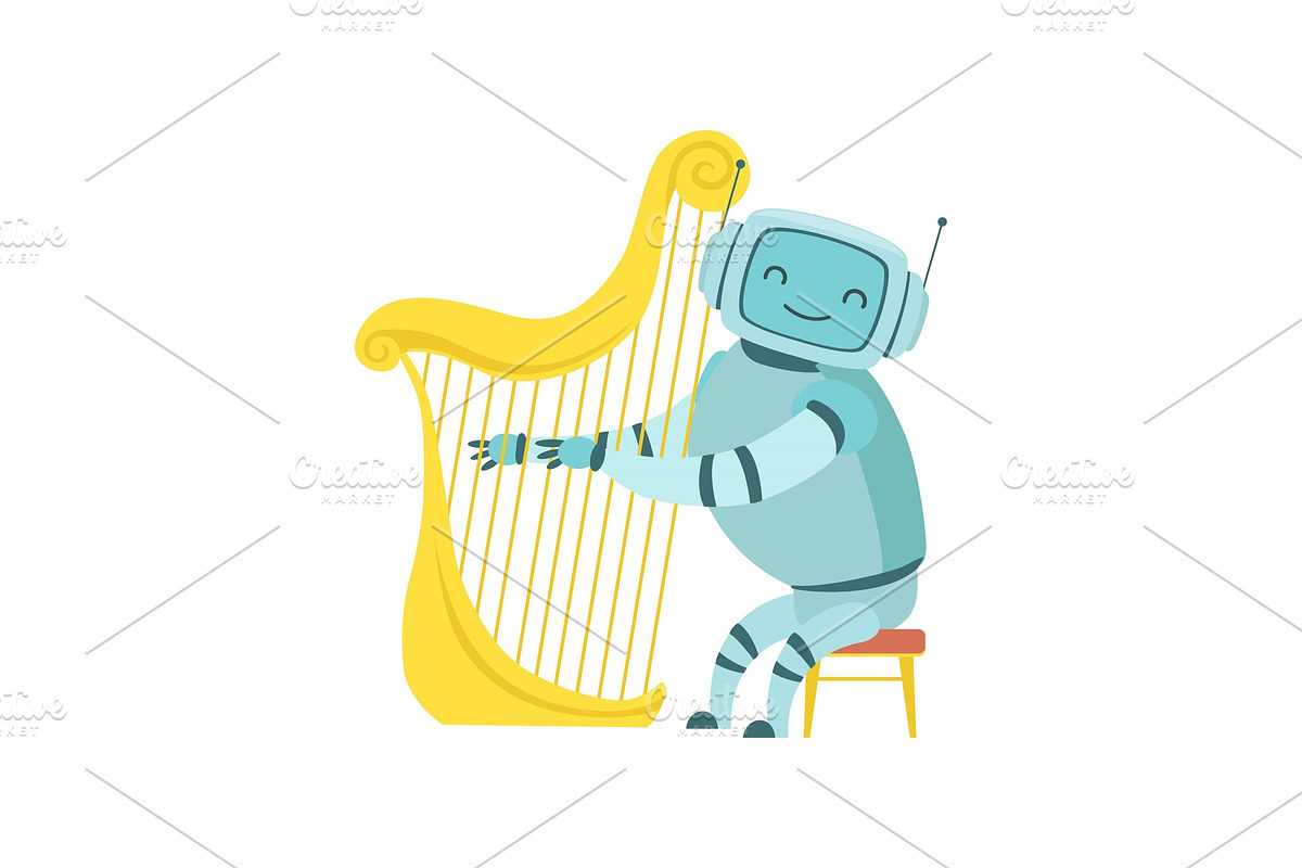 Cute Robot Musician Playing Harp in Illustrations - product preview 8