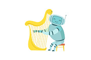 Cute Robot Musician Playing Harp