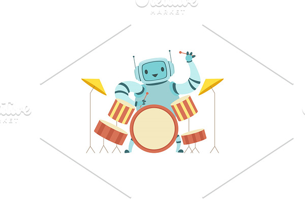 Cute Robot Musician Playing Drums