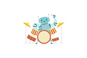 Cute Robot Musician Playing Drums