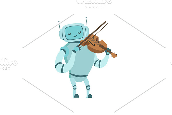 Cute Robot Musician Playing Violin