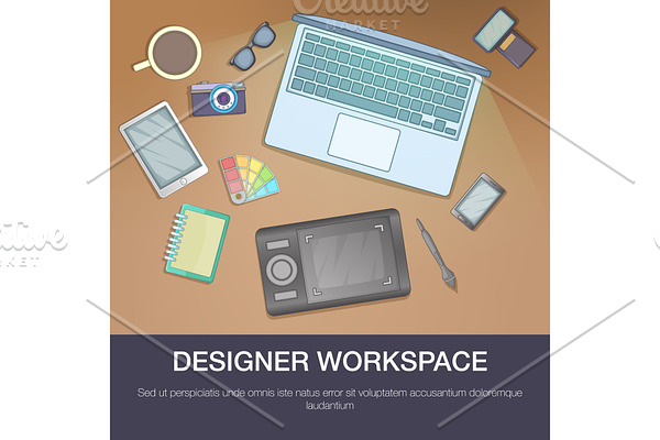 Designer workspace concept, cartoon