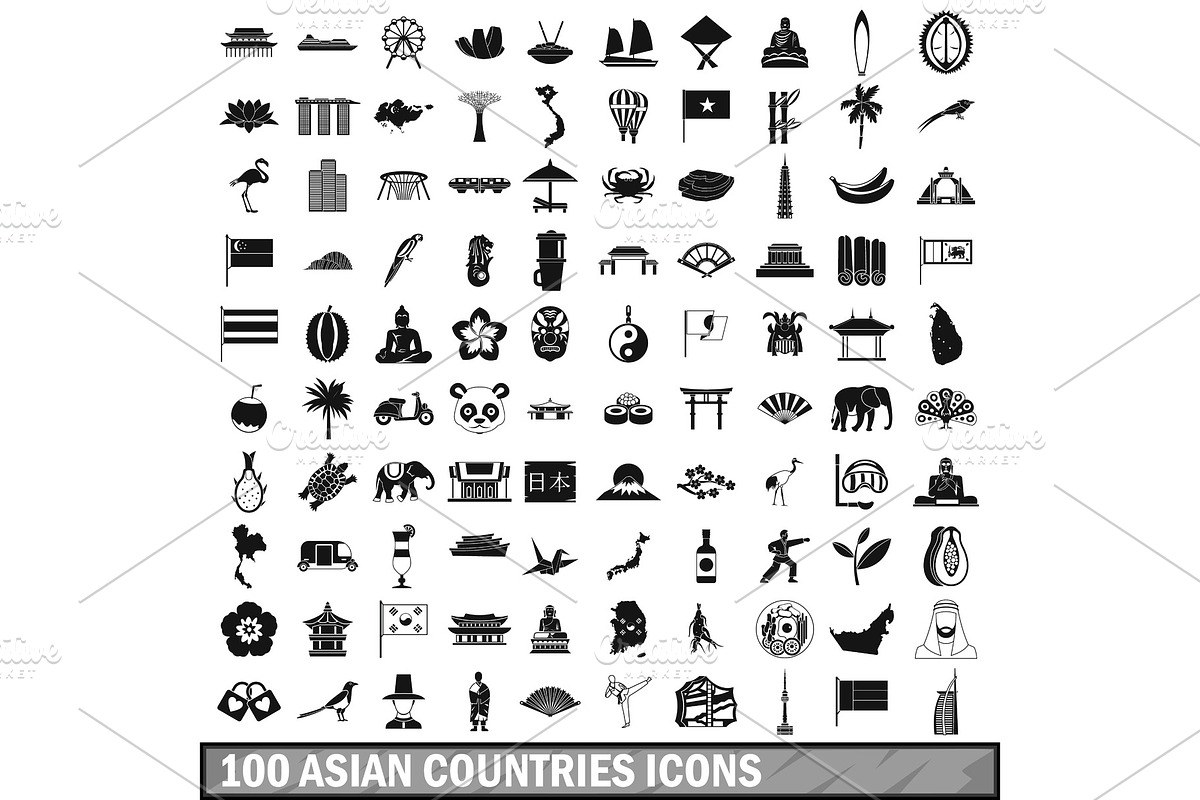100 asian icons set in simple style in Illustrations - product preview 8