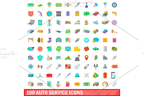 100 auto service icons set, cartoon