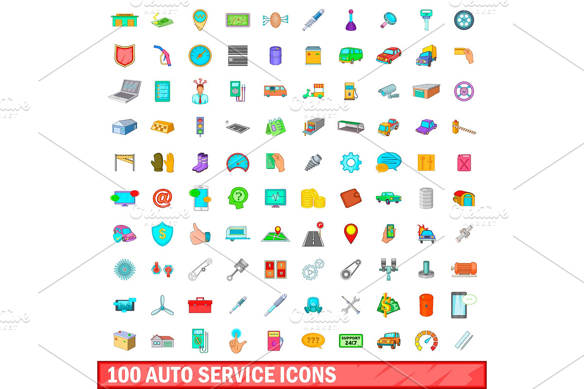 100 auto service icons set, cartoon in Illustrations - product preview 8