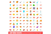 100 barbecue icons set, cartoon