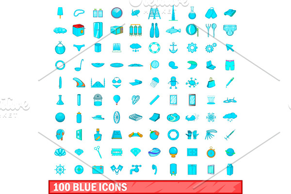100 blue icons set, cartoon style