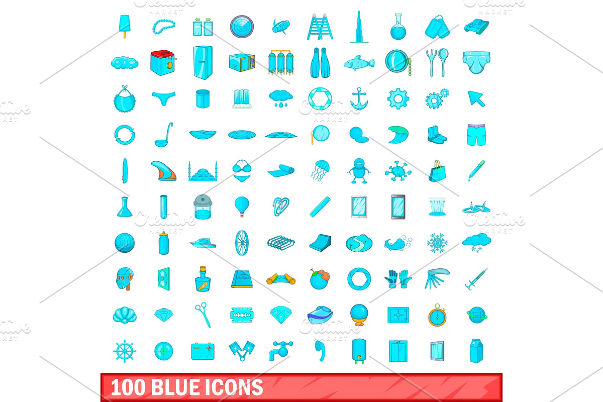 100 blue icons set, cartoon style in Illustrations - product preview 8