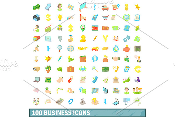 100 business icons set, cartoon