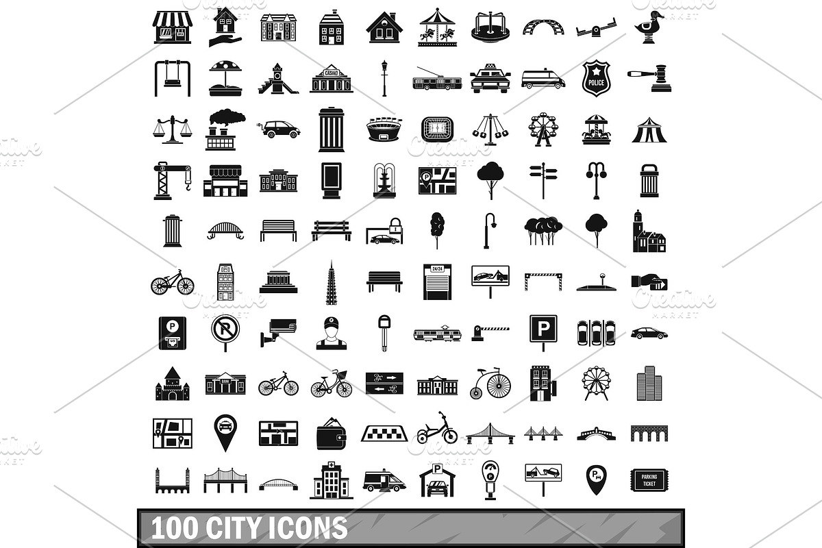100 city icons set in simple style in Illustrations - product preview 8