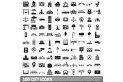 100 city icons set in simple style