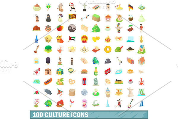 100 culture icons set, cartoon style