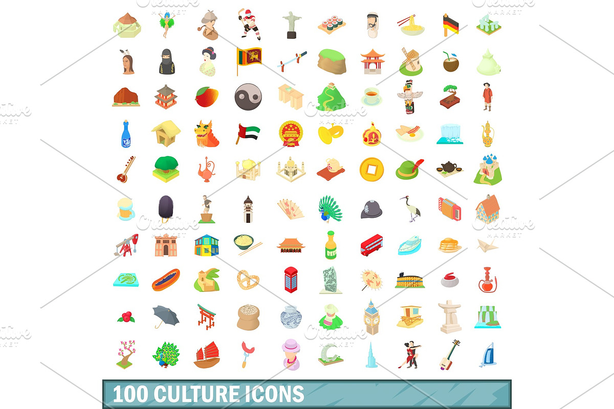 100 culture icons set, cartoon style in Illustrations - product preview 8