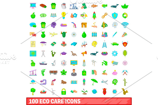 100 eco care icons set, cartoon