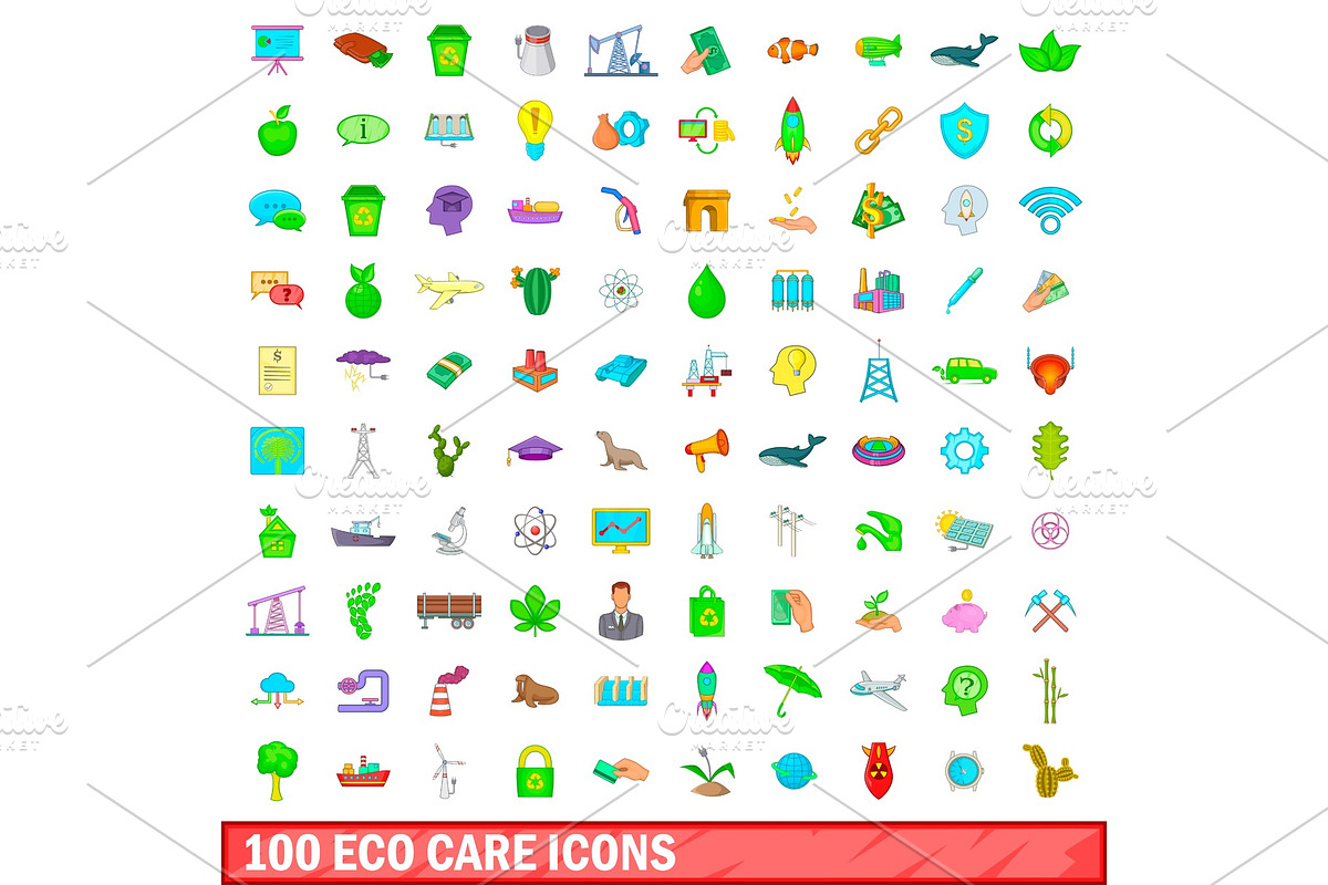 100 eco care icons set, cartoon in Illustrations - product preview 8