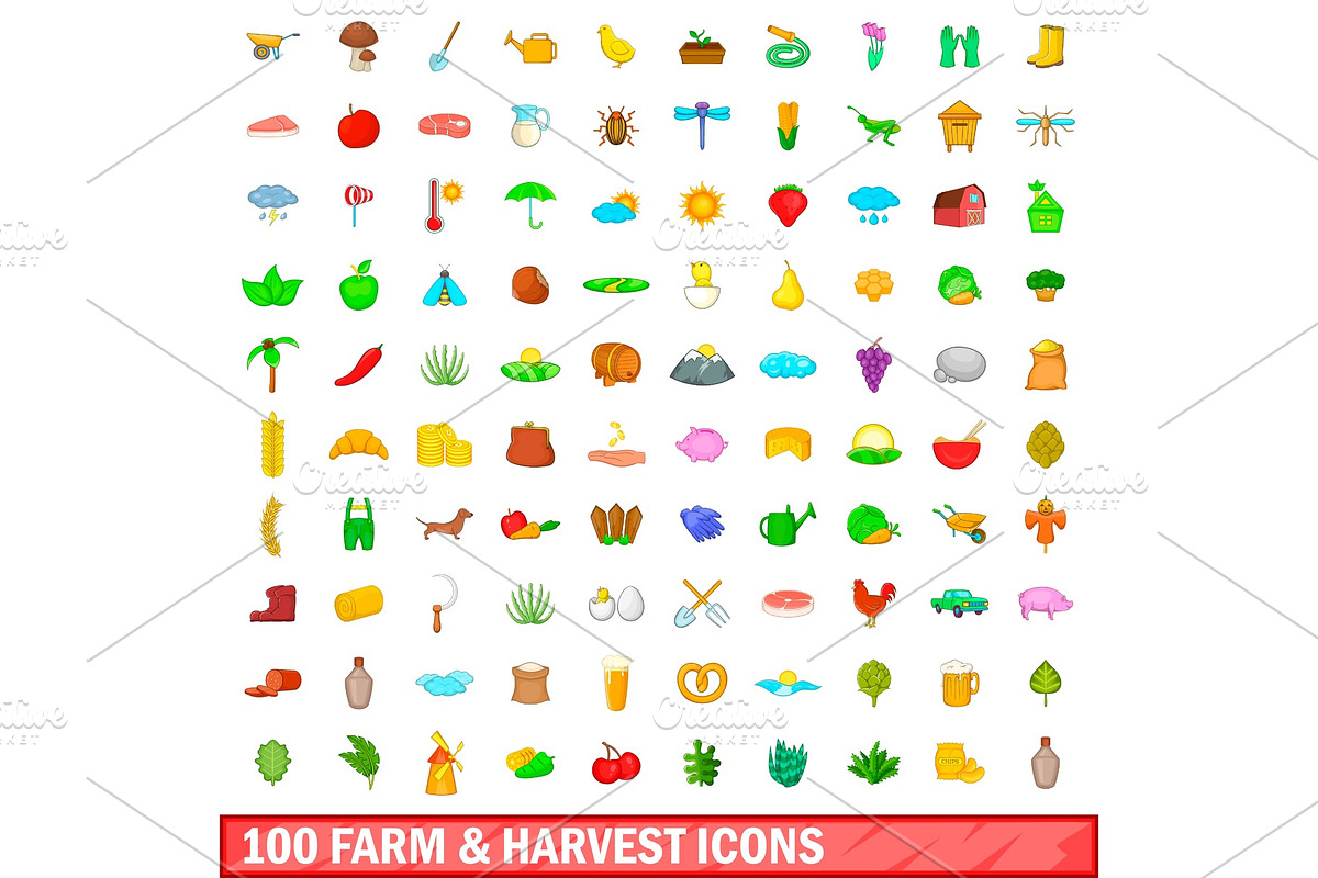 100 farm and harvest icons set in Illustrations - product preview 8