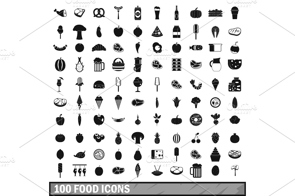 100 food icons set in simple style in Illustrations - product preview 8