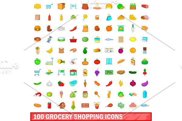 100 grocery shopping icons set