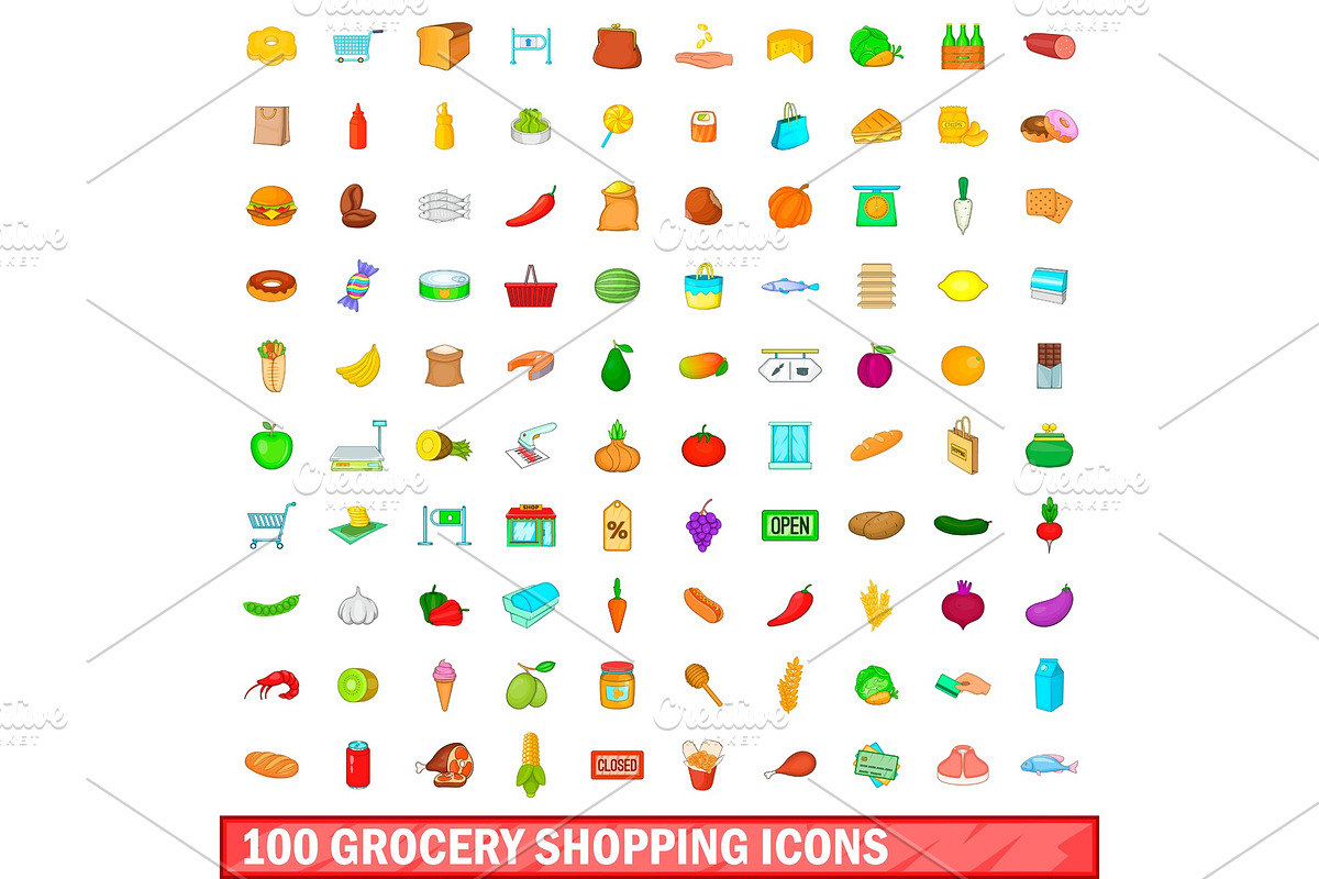 100 grocery shopping icons set in Objects - product preview 8