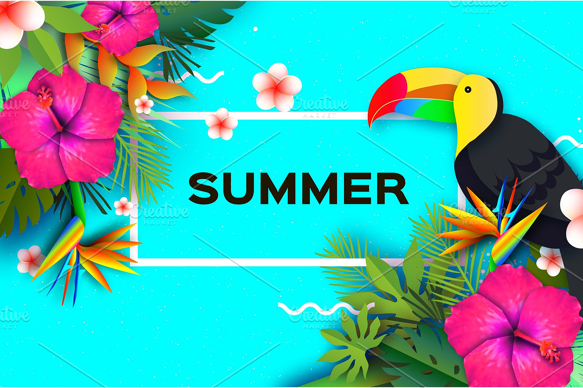 Toucan, Hibiscus Flowers and Palm in Illustrations - product preview 8