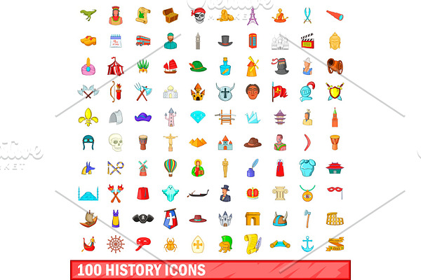 100 history icons set, cartoon style