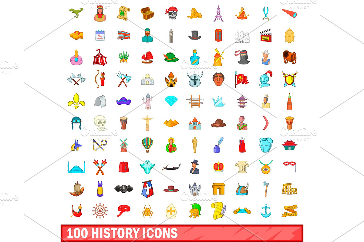 100 history icons set, cartoon style in Illustrations - product preview 8