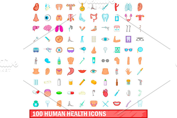 100 human health icons set, cartoon