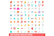 100 human health icons set, cartoon