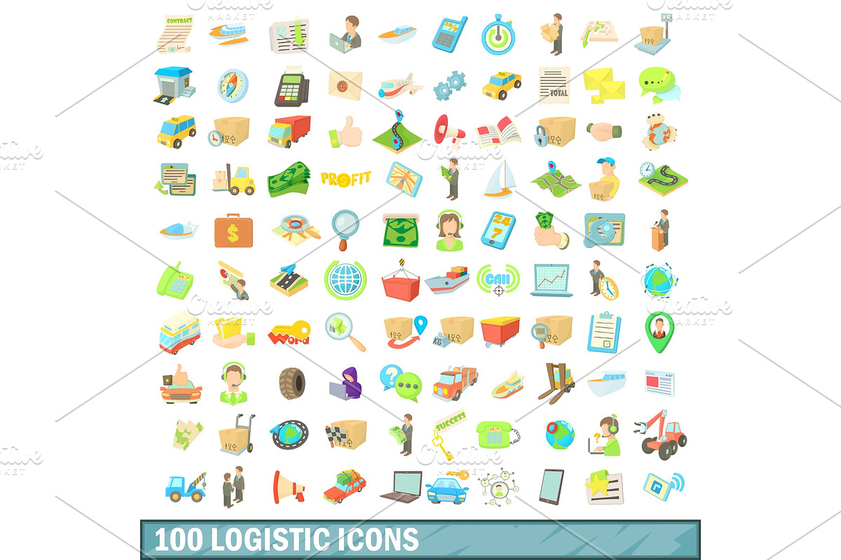 100 logistic icons set, cartoon in Illustrations - product preview 8