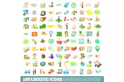 100 logistic icons set, cartoon