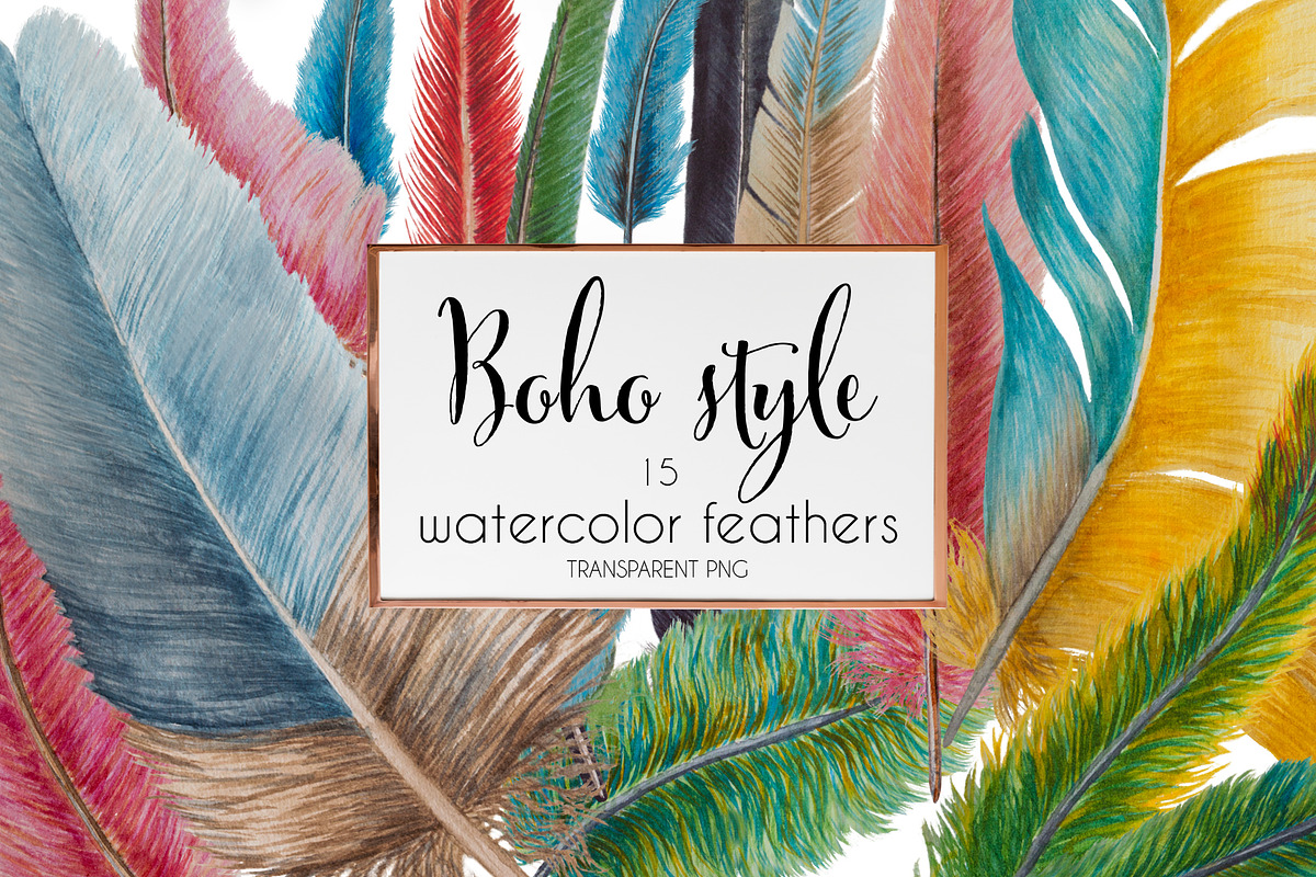 Boho style: watercolor feathers in Graphics - product preview 8