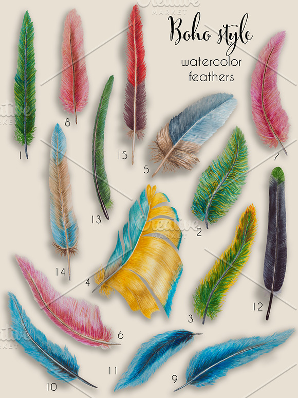 Boho style: watercolor feathers in Graphics - product preview 2
