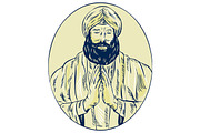 Sikh Priest Praying Front Oval Etchi