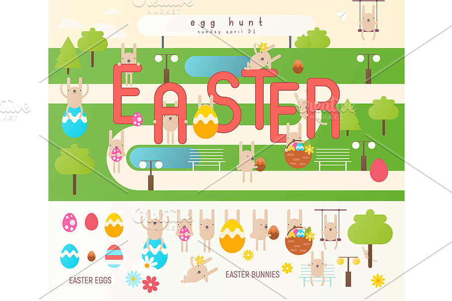 Easter Egg Hunt on Park Map in Illustrations - product preview 8