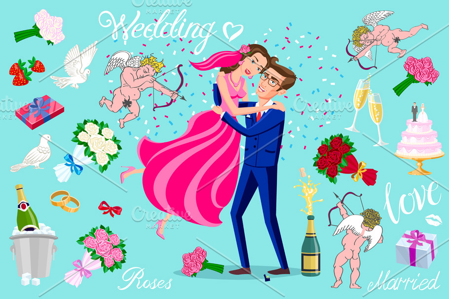set vector Just married, newlyweds,