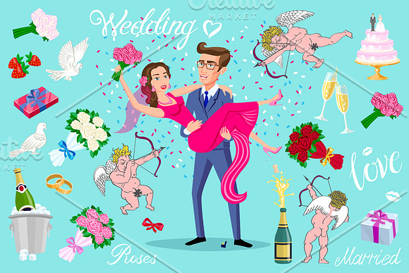set vector Just married, newlyweds in Graphics - product preview 1