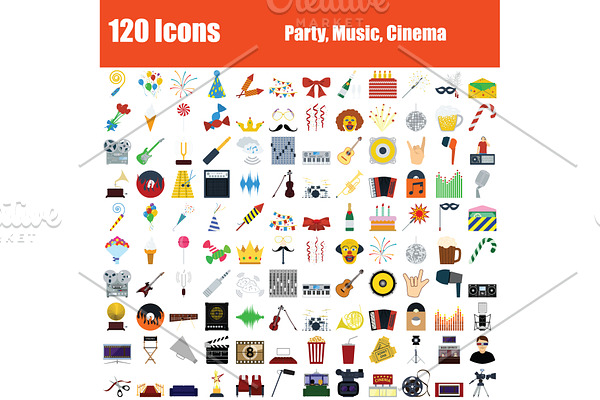 Set of 120 Icons Party, Music, Cinem