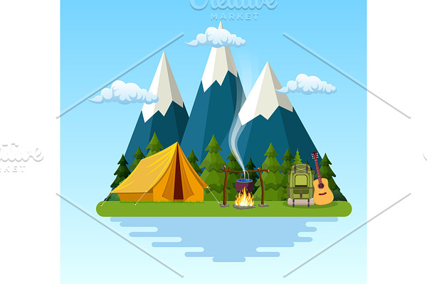 tent, campfire, mountains, forest