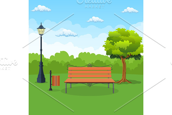 Bench with tree and lantern in the