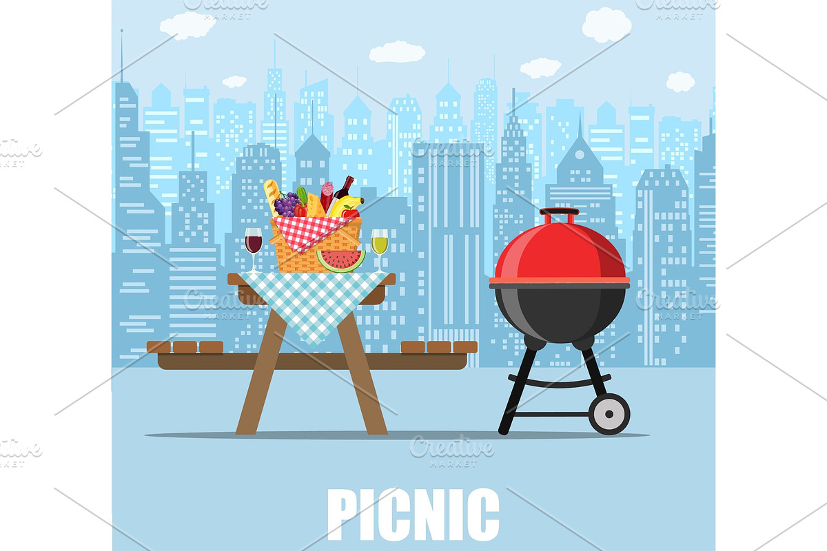 Summer picnic table on city in Objects - product preview 8