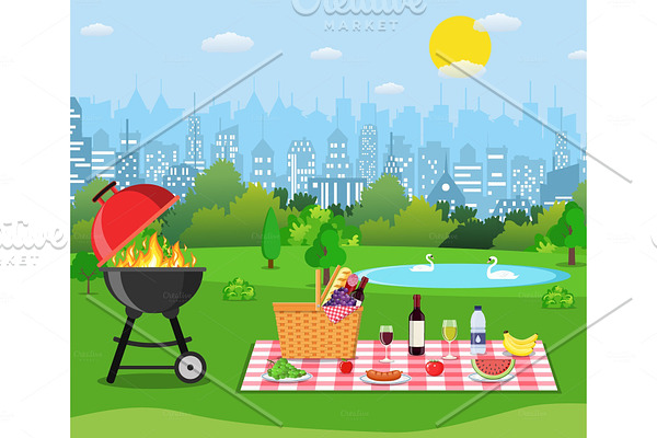 Summer picnic concept with basket,