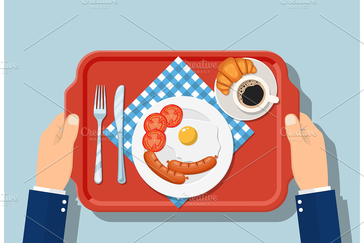 Top view of breakfast on wooden tray in Illustrations - product preview 8